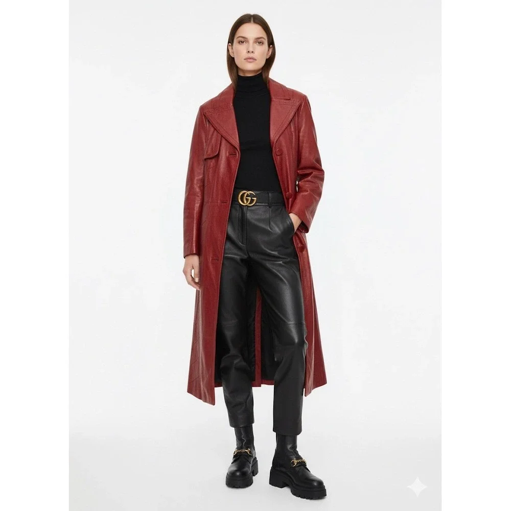 Leathercraft Vintage Burgundy 100% Leather Trench Coat Womens Long Button Up L